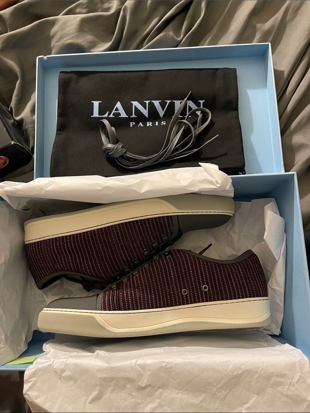 Lanvin Men's Low-Top Knit Sneakers in Burgundy and Gray
